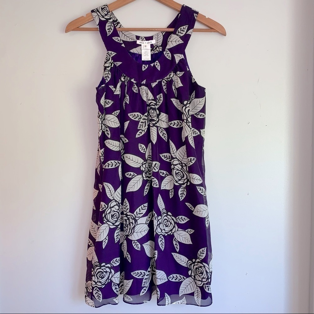 ALICE + Olivia purple floral silk swing mini tunic sleeveless dress